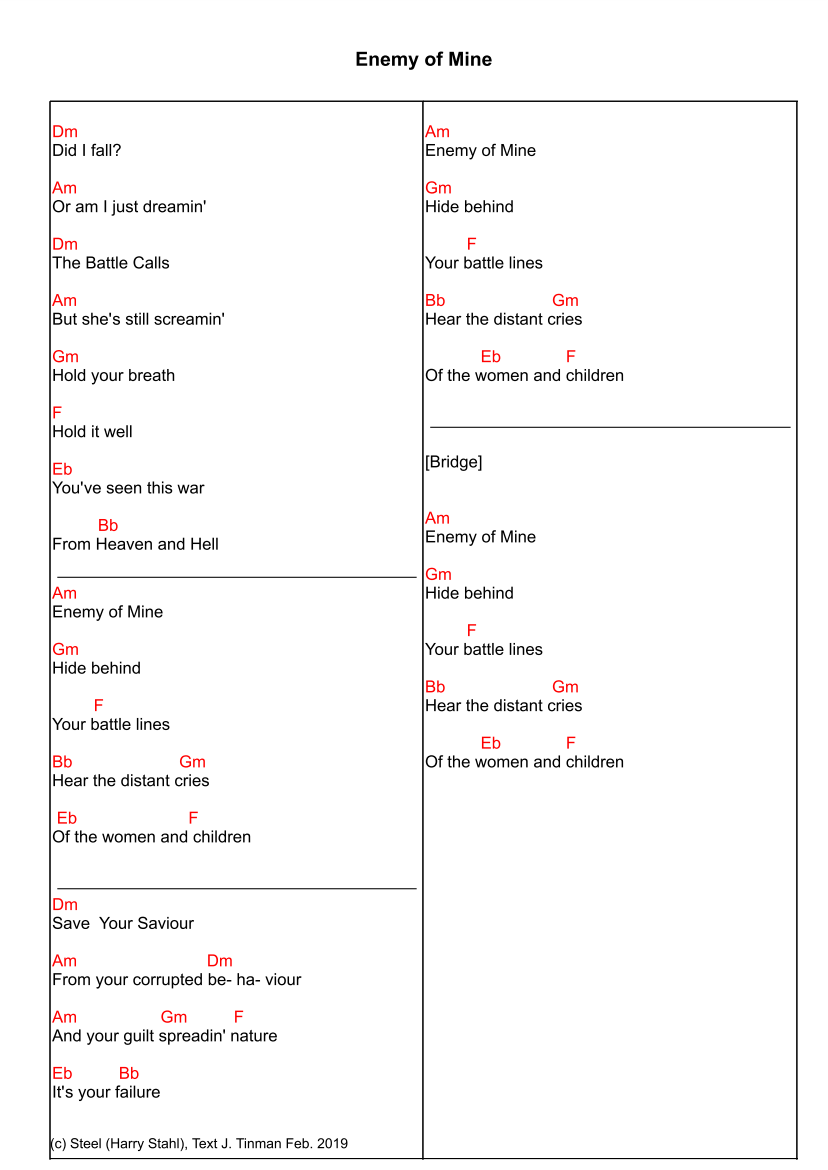 Chords zum Song Enemy of mine